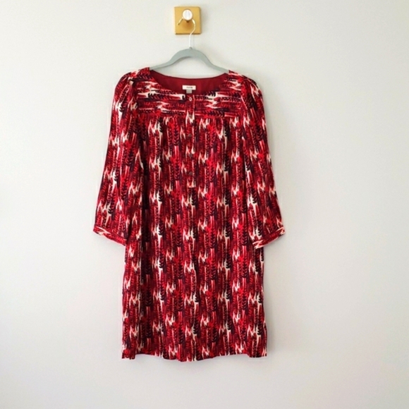 Fossil 100% Silk Mini Shift Dress Small Red Feather Print Boho Artsy Lightweight - Picture 1 of 14